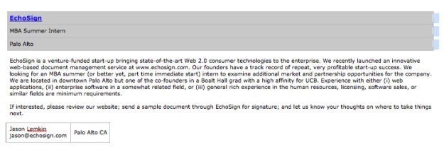The Haas career site job listing that led me to EchoSign's revolutionary product and amazing team.
